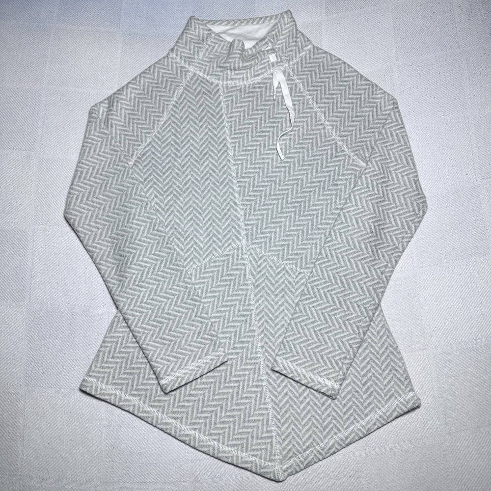 prAna Mattea Sweater Size Medium Asymmetrical Herringbone Wool Blend Funnel Neck